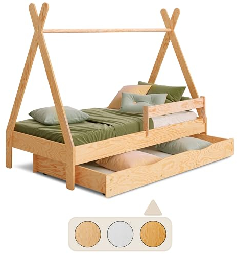smartwood Tipi D Kinderbett 80x200 mit Lattenrost und Rausfallschutz - Montessori Hausbett mit Schublade für Jungen und Mädchen - Holzbett mit Rausfallschutz und Lattenrost - 200x80 - Lackiert