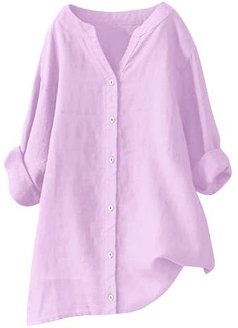 Hauts élégants grande taille pour femmes, chemisier et chemises en coton et lin de couleur unie décontracté à manches longues et col en V pour femme 2024, 001 - Rose, XXX-Large