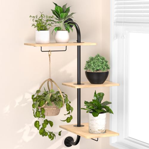 YUOROS Étagère murale rotative à 3 niveaux pour plantes, support mural en métal avec crochet de suspension