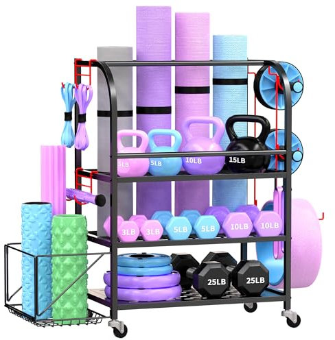 Home Gym Organizer - Yoga Mat Storage Rack, 400LBS Metal Gym Equipment Storage Cart with Large Basket & Movable Hooks, Dumbbell Rack & Weight Storage Racks for Workout Gear (Black)