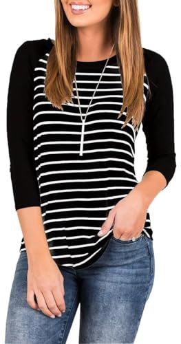 LACOZY Women Crew Neck Striped T-Shirt 3/4 Raglan Sleeve Oversized Tops Slim Fit Plain Blouse Baseball Top Black L