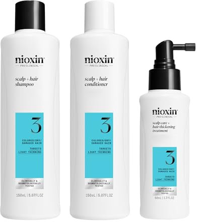 Nioxin Scalp + Hair Thickening System 3 Kit - Hair Thickening System for Coloured Or Dry Damaged Hair with Light Thinning - Shampoo, Conditioner & Scalp Treatment (150+150+50ml)