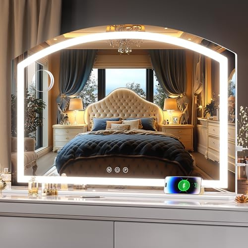 Hasipu Schminkspiegel mit Beleuchtung, 90 x 60cm Hollywood Schminktisch Spiegel mit 10x-Lupe, Tischspiegel mit USB-Ladeanschluss, 3 Modi Dimmbar Kosmetikspiegel