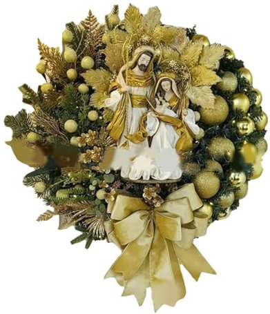 Ghirlanda natalizia con scena del presepe, decorazione per la santa famiglia, ghirlanda artificiale con fiocco, grande ghirlanda natalizia per porta d'ingresso con luce, scena della natività,