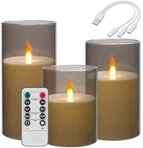 Da by wiederaufladbare LED-Kerze, wiederaufladbare Batteriekerze Typ C, 3-Kerzen-Set mit Remote-Timer-Funktion für bis zu 240 Stunden Nutzung (grau)