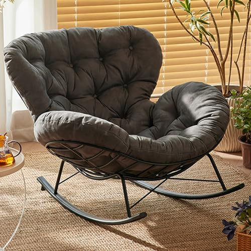 Outdoor Schaukelstuhl mit gepolstertem Kissen für Balkon, Veranda, Garten, moderner Loungesessel mit übergroßem Metallrahmen in Schwarz (Dunkelgrau)