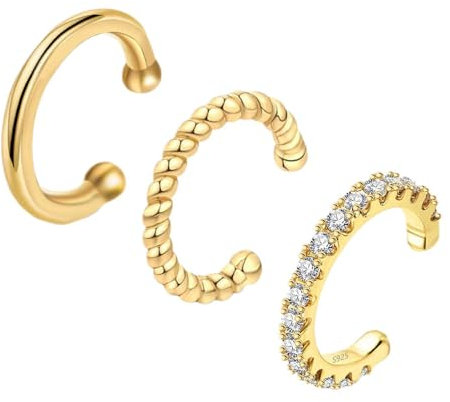 FFWTPY 3 Paar Ohrringe Set 925 Silber Ear Cuff Set Helix Knorpel Creolen Ohrmanschette Ohne Ohrloch Wickelohrring 14K Vergoldete Ohrringe Ohrklemme für Damen Mädchen Herren