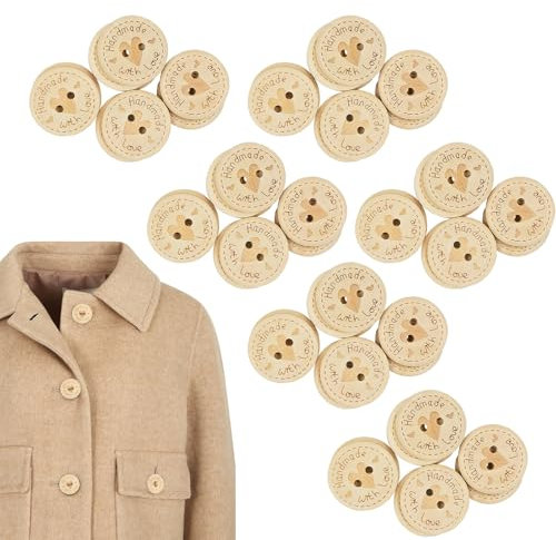 100 Stück 15mm Handmade Label Knöpfe, Natur Holzknöpfe zum annähen für Strickjacken, Handmade with Love Runde Kinderknöpfe Holzknöpfe zum DIY Nähen Stricken Bastel Geschenk Deko