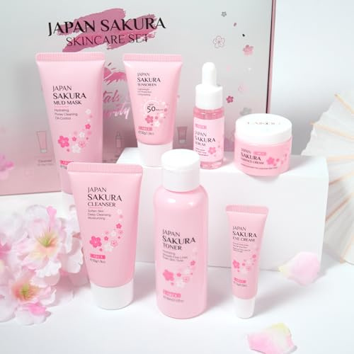 Sakura Gesichtspflege Skincare Set, 7Stück Gesichtsreinigung Pflege Set | Reisegröße Hautpflege mit Gesichtsreiniger Schlammmaske Toner Serum Augencreme Sonnencreme, für Weihnachten Geburtstag Reisen