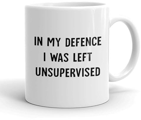 VIROSA Funny Colleague Mug – in My Defence I was Left Unsupervised – Sarcastic Gift for Friends, Siblings, Office – Birthday, Xmas, Secret Santa – 11oz Rebellious White Ceramic Coffee Cup