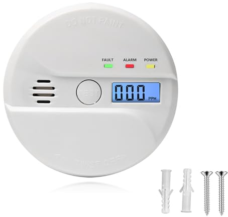 CO-Melder mit elektrochemischem Sensor, Weißer CO-Detektor mit 2 Jahren Lebensdauer - Batteriebetrieben (2xAA), Temperaturbereich 0-50°C, inkl. Montagekleber Kohlenmonoxid Melder
