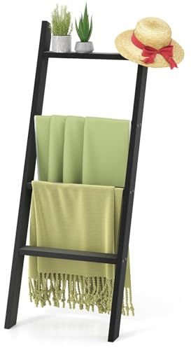 FANTASK 4-stufiger Handtuchleiter, 128cm Handtuchständer Wandmontage mit Deckenhalterung, Leiterregal belastbar bis 50 kg pro Stufe für Schlafzimmer & Badezimmer (Schwarz)