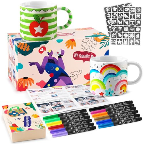 Keramik Tassen Bemalen Set für Erwachsene, DIY Keramik Bemalen Set mit Tassen, Porzellanstifte und Aufkleber, Kreatives Geschenk für Kinder & Erwachsene
