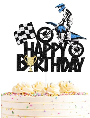 Auroriel Moto Happy Birthday Cake Topper Glitter Fête d'anniversaire Enfant Décoration de Gâteau Cupcake Motocross Dirt Bike Sport Torte Dekoration Garçon Homme