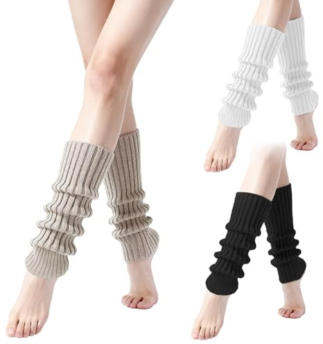 UOCAI 3 Paar Stulpen Damen, Leg Warmers Beinstulpen Damen Beinwärmer Legwarmers Warme Beinstulpen Strick Bein Stulpen Weiß Schwarz Grau, für Alle Jahreszeiten