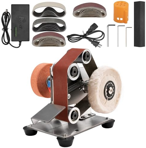 Sbestily 3-in-1 Mini Belt Sander Grinder 7-Speed Electric Knife Sharpener | Bench Polisher Buffer with 2500/5000 grit belts for Knife Making/Metal/Wood DIY Craft Jewelry Stained Glass Tool Sharpening