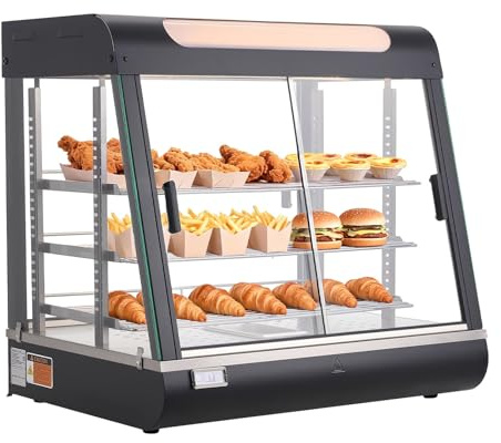 VEVOR Vetrina Calda per Alimenti Cibo a 3 Livelli, Espositore Scaldavivande da 1200 W con Luce LED, Vano Portaoggetti Superiore e Ripiani Regolabili, per Hamburger, Pizza, Pane, Pollo Fritto