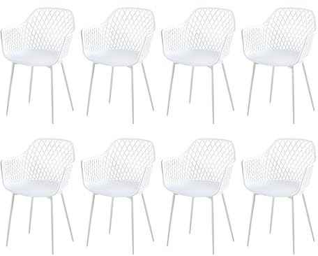 buybyroom Chaise de Jardin Lot de 8, Chaise avec Accoudoirs, Siège en PP, Pieds en Métal avec Patins Réglables, Charge Maximale 120 KG, Blanc