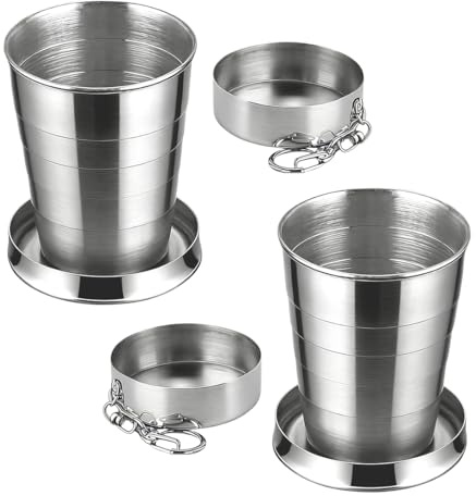 MIRKUZI Paquete de 2 vasos telescópicos plegables de acero inoxidable con llavero, ideales para actividades al aire libre, uso diario, viajes, picnics y senderismo.