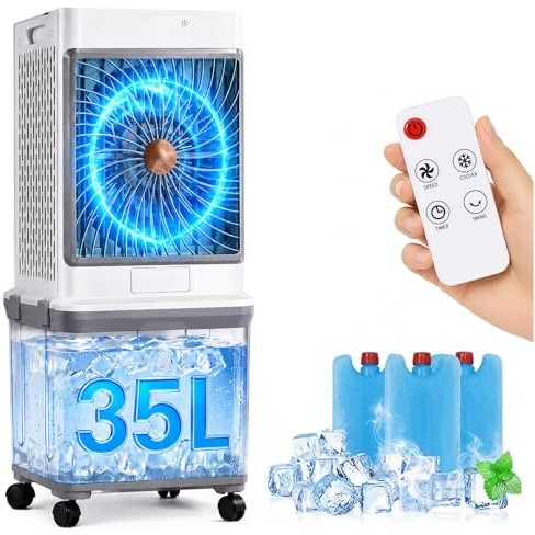 HEMVOR Luftkühler mit Wasserkühlung, 35L Wassertank und Fernbedienung | Mobile Klimaanlage ohne Abluftschlauch, 120° Oszillation Timer 3 Stufen 70W Verdunstungskühler für Wohnung Raum Wohnzimmer