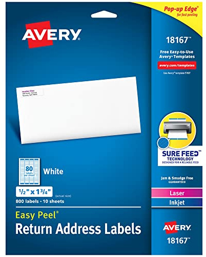 Avery Printable Return Address Labels with Sure Feed, 0.5 x 1.75, White, 800 Blank Mailing Labels (18167)