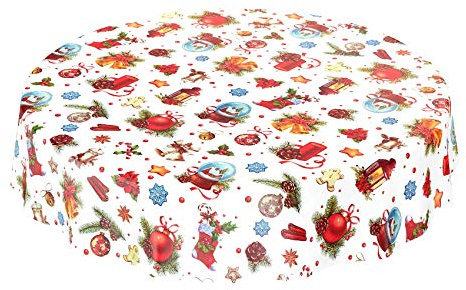 ANRO Wachstuchtischdecke Wachstuch Wachstischdecke Tischdecke Weihnachten Weihnachtskugeln Fest Feier Rund 140cm eingefasst
