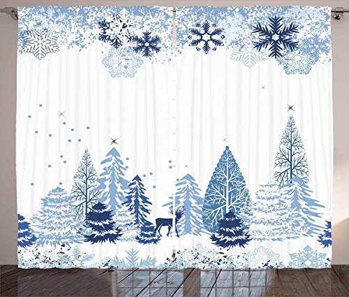 ABAKUHAUS Weihnachten Rustikaler Vorhang, Künstlerischer Winterwald, Wohnzimmer Universalband Gardinen mit Schlaufen und Haken, 280 x 225 cm, Weiß Blau