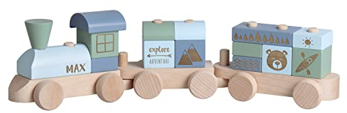 Kekskrone Holzzug Personalisiert mit Namen XL - Adventure Serie, Blau - Spielzug als Geschenk zur Geburt & Taufe