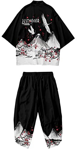 DOSLAVIDA Ensemble de veste kimono japonaise pour homme, manteau ouvert élégant avec short, cardigan imprimé de style chinois