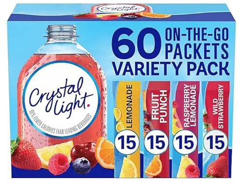 Crystal Light Sin azúcar, limonada, ponche de frutas, limonada de frambuesa y fresa silvestre en polvo para llevar, paquete variado, 48 unidades, cada paquete cabe en una taza de 16.5 onzas