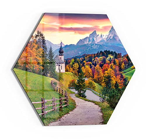 DEQORI Glasbild Echtglas | Motiv Maria Gern mit Watzmann | sechseckig einteilig 40x34,5 cm | schöne Dekoration | Wandbild für Wohnzimmer, Schlafzimmer, Flur & Küche | moderne Wanddeko