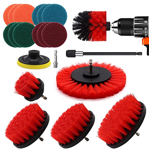 VIBRATITE Bürstenaufsatz Bohrmaschine Set, 20 Stück Bürstenaufsatz Akkuschrauber Bürste Reinigungsbürste Felgenbürste Scrubber Reinigung Kit, Power Scrubber für Bad, Felgen & Polster, Rot