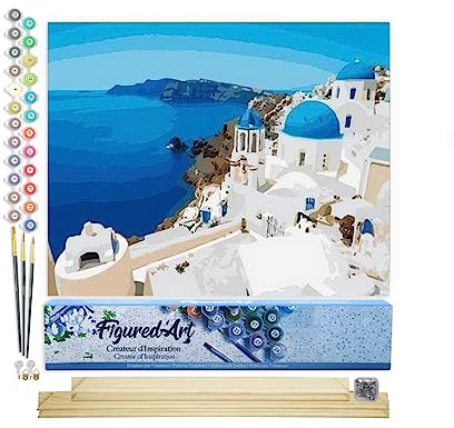 Figured'Art Peinture par Numéro Adulte Village grec - Activité Manuelle Kit de Loisir Créatif DIY Numéro d'Art Complet - 40x50cm avec châssis en bois à monter