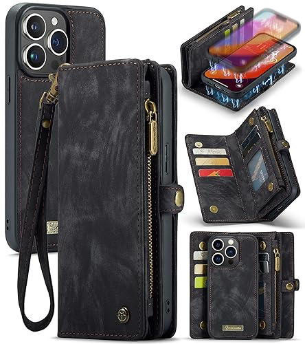 UFinetech für iPhone 15 Pro Hülle, Flip Leder TPU Stoßfest Kartenfach Tasche Handyhülle für iPhone 15 Pro, Magnetisch Klapphülle Kratzfest Abnehmbare Reißverschluss Band Schutzhülle Case, Schwarz