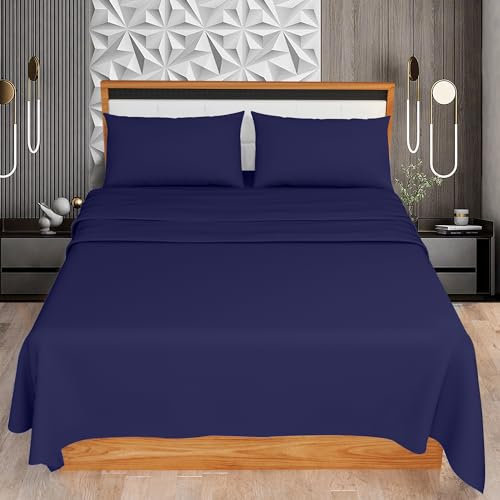 KOHSAR Navy Double 4 Pieces Sheet Set (Flat Sheet + Fitted Sheet + 2 Pillowcases) - Navy Bed Sheets Double Bedding Set - Easy Iron Double Bed Sheets Set - Poly Cotton Double Bed Sheet Set