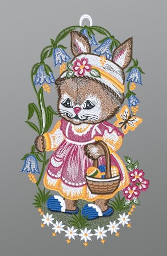 Plauener Spitze Fensterbild Hasenmädchen mit Glockenblumen (Bx H) 17cm * 31cm Mehrfarbig Fensterdekoration Fensterschmuck