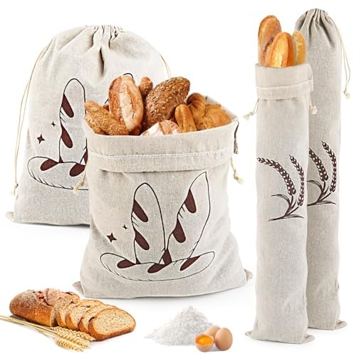 NVIYAM 4 Bolsas de Pan de Lino, Bolsa Pan para Guardar El Pan con CordóN, Bolsa Pan Tela Para Pan, Baguette, Frutas, Verduras, 2 Unidades (30 X 40 Cm) + 2 Unidades (14.5 X 63 Cm)