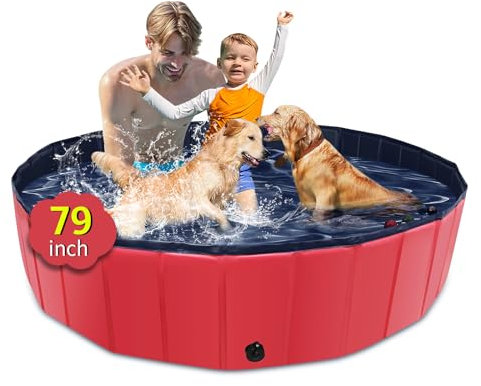 Piscina per cani pieghevole, piscina per bambini da 200cm con plastica dura, vasca per cani antiscivolo per cortile all'aperto (blu) (rosso)