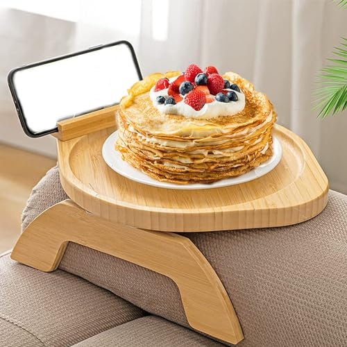 WYFCR Bamboo Sofa Arm Tray Table, Waterproof Round Portable Sofa Armrest, side table with Rotating Mobile Holder, Breakfast plate, Rotating sofa table, Sofa Armrest Clip Tray for Food/Drinks/Phone