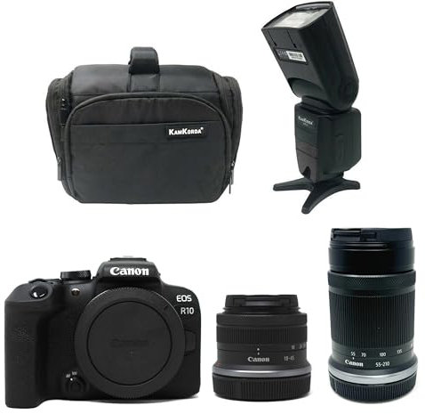 KamKorda Camera Bag + Flash + R10 Mirrorless Camera + RF-S 18-45mm + RF-S 55-210mm STM lenses, 24.2MP APS-C CMOS Sensor, 4K Video + 2 Year Warranty