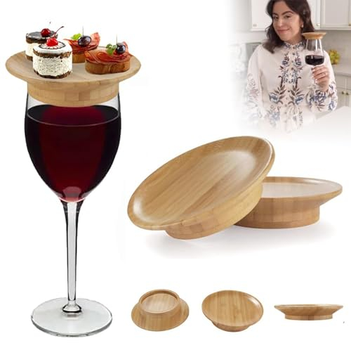 Wine Glass Charcuterie Topper, Bamboo Wine Glass Topper Coasters Plate, Wine Glass Charcuterie Board Topper for Family Gatherings, Restaurants, Bars (4)