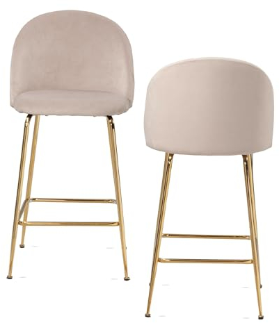 Wohnling Juego de 2 taburetes de bar de terciopelo beige con respaldo y patas doradas, taburete de cocina escandinavo tela/metal, 110 kg, diseño de taburete, taburetes tapizados