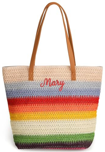 Exlarify Sac de plage en paille personnalisé avec nom brodé pour femme, maman, demoiselle d'honneur, A/B, 35cm*34cm*14cm