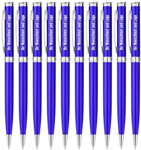 Gravurmaster 100er-Set Kugelschreiber Personalisiert,Dre-Kugelschreiber mit Gravur von Logo & Text,Hochwertige Blau Metall-Kulis für Business,Unternehmen,Werbeartikel,Events,Schule,Büro,Blau Tinte