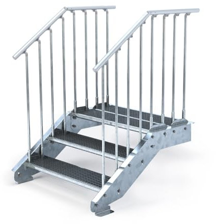 Außentreppe 3 Stufen mit Podeststufe - Höhe variabel von 50 cm bis 60 cm - feuerverzinkte Stahltreppe - Normbreite - montagefertiger Bausatz (2 x Geländer, Stufenbreite 100 cm)