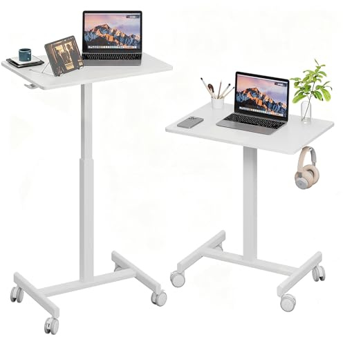Gamork Mobile Standing Desk on Wheels, Pneumatic Height Adjustable, White | 18.9 x 25.6 in Desktop, 26.1-40.1 in Height, Pneumatic Lift, T-Shaped Single Column Base, Lockable Casters, 22 lb Capacity