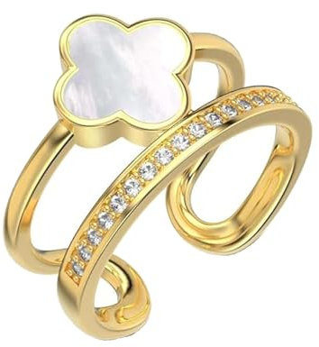 Generisch Goldener vierblättriger Kleeblattring für Damen, verstellbarer offener Zirkoniaring, exquisiter funkelnder Zirkoniaschmuck für Damen (White)