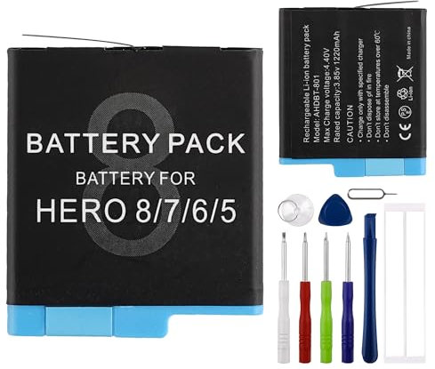 E-yiiviil AHDBT-801 - Batteria di ricambio 1250 mAh/3,85 V, compatibile con GoPro Hero 8/7/6/5/Black 2018 con strumenti