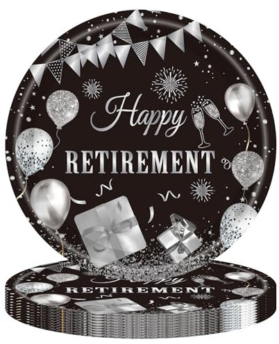 41PCS Happy Retirement Party Decorations for Men and Women,Black Silver Happy Retirement Paper Plates Napkins and Tablecloth Disposable Dinnerware for Farewell Going Away Table Decor Party Supplies