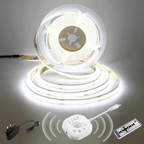 COB LED Streifen 5m mit Bewegungsmelder, DC24V Lichtband Selbstklebend mit Automatischem On/Off, 4 Timer-Modi, Tag-/Nacht Modi, LED Streifen Kaltweiß für Treppe, Bett, Kleiderschrank, Küche, 6000K